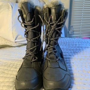Gray, cozy, water resistant winter boots with thermal installation